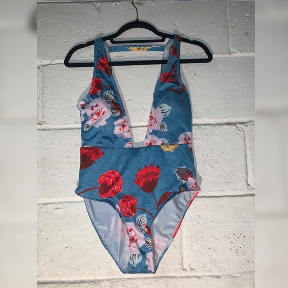 Low Cut Jean Looking One Piece with Flowers! - Picture 1 of 2